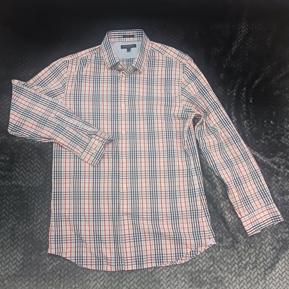 BANANA REPUBLIC Bttn Up Shirt Men's Size Large Check Grant NO IRON Colorful‎